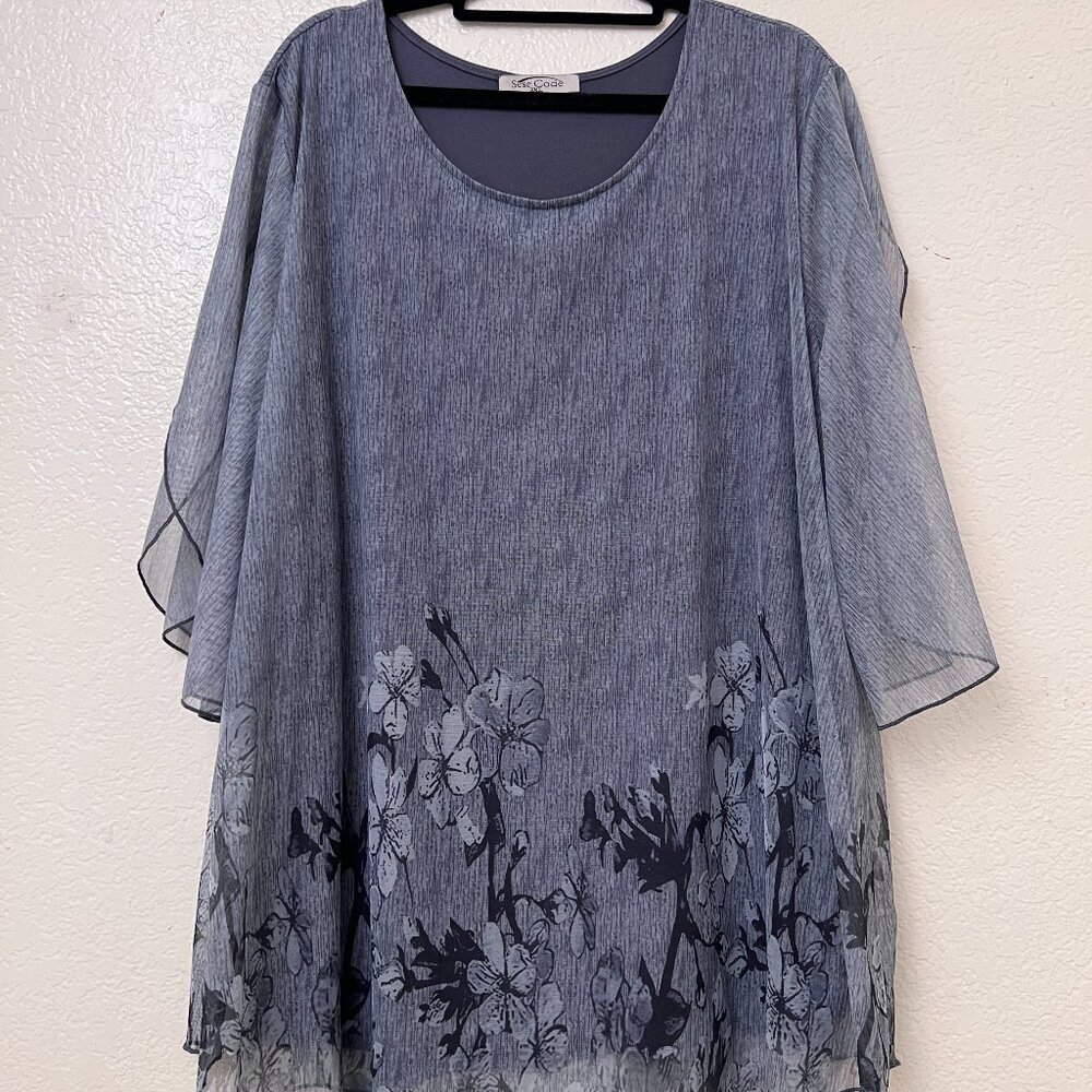 Sese Code Elegant Blue Floral Sheer‎ Overlay Women's Career Blouse Top Size 3XL